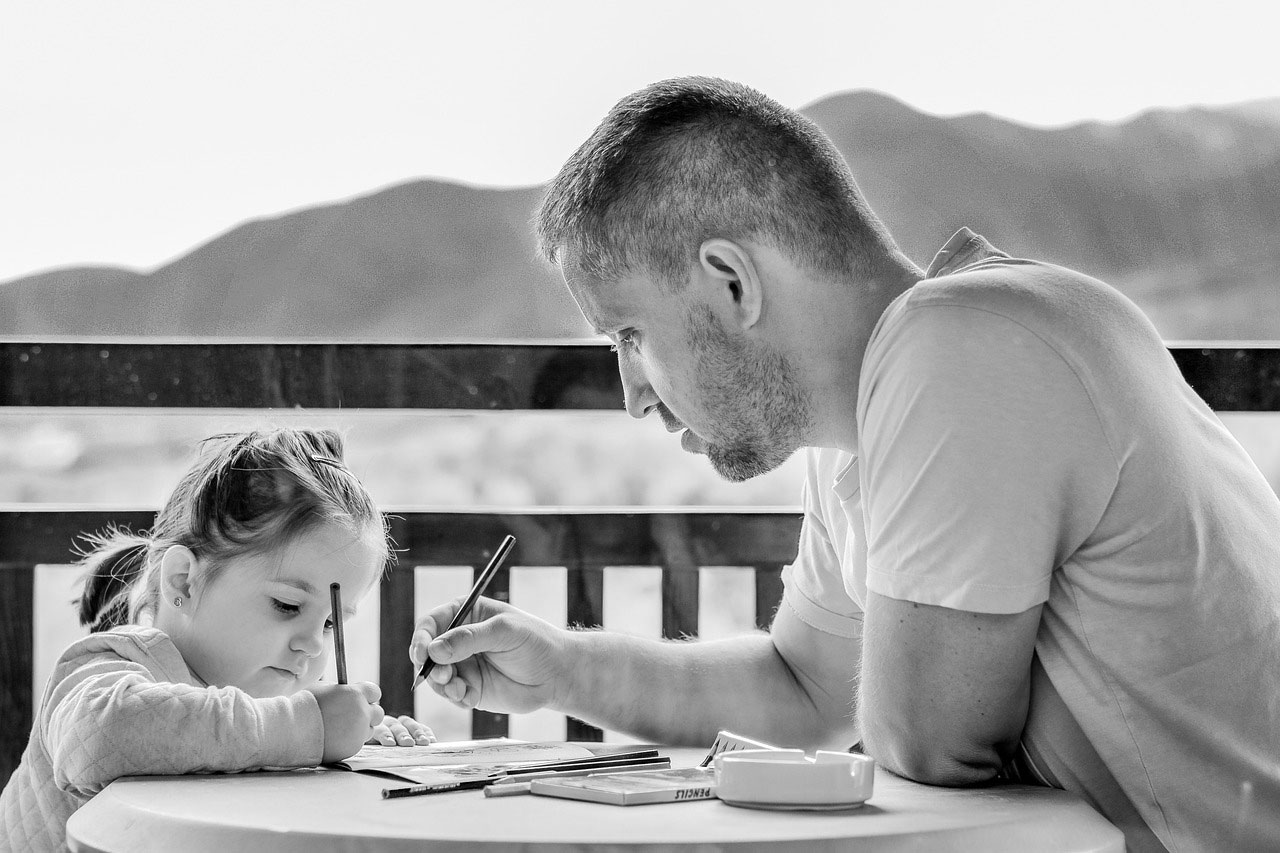 black and white dad and kid on canvas